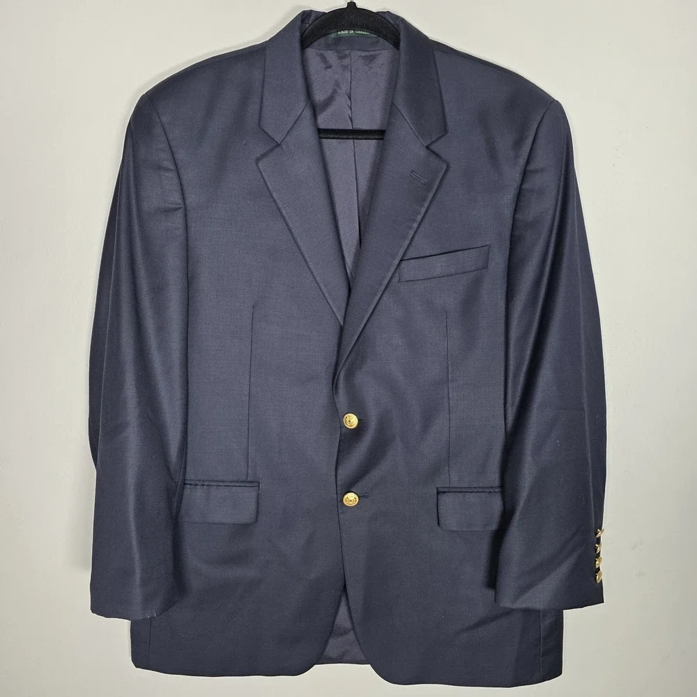 Ralph Lauren Mens 42R Navy Blue Gold 2-Button 100% Wool Blazer Jacket Sport Coat